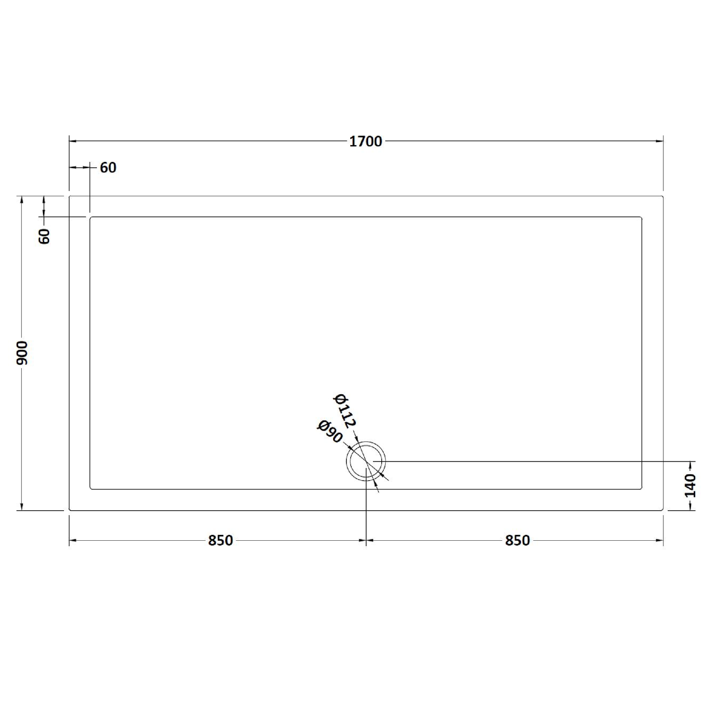 Rivato Slate Grey Rectangular Shower Tray, Side Waste-1700mm x 900mm