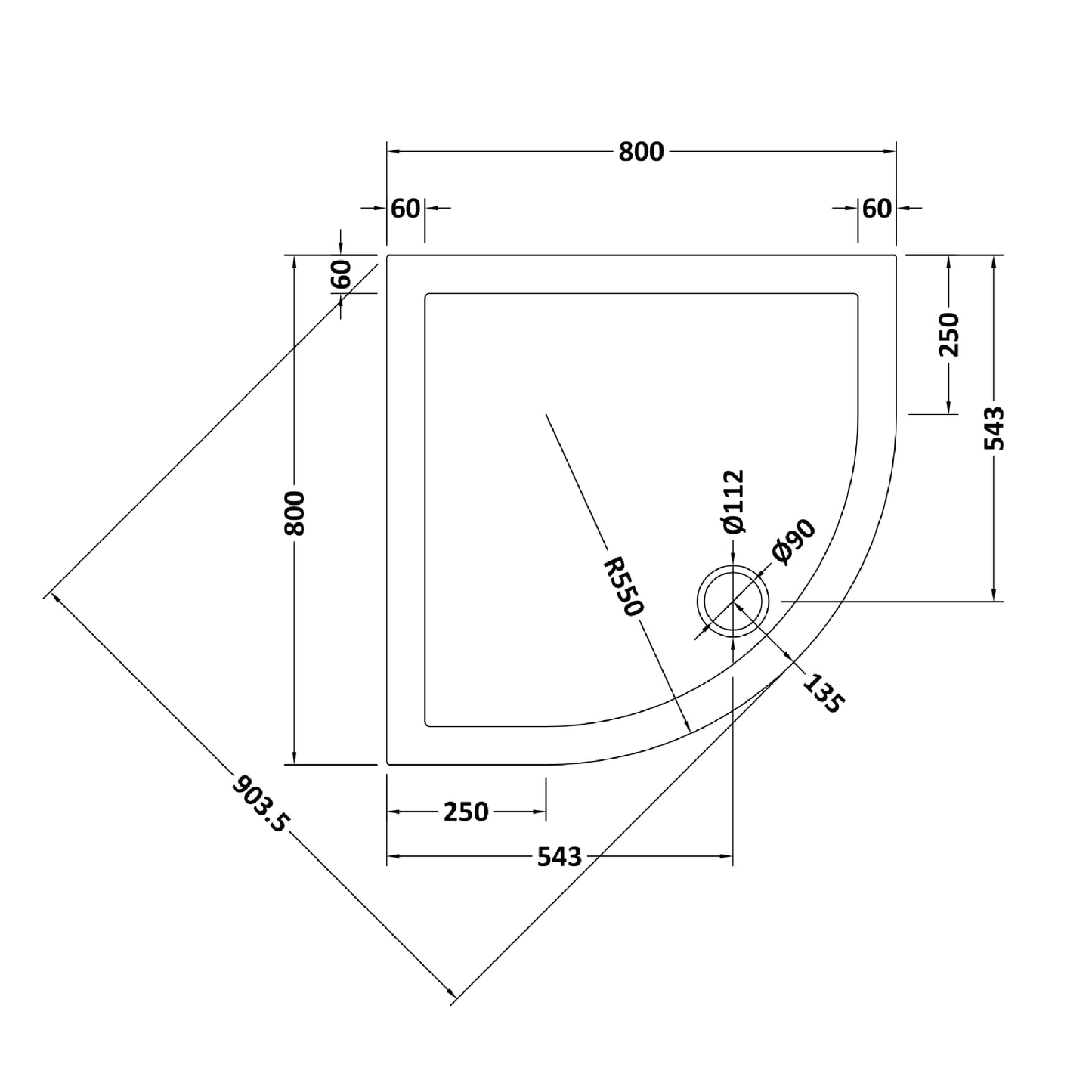 Rivato Slate Grey Quadrant Shower Tray, Corner Waste-800mm x 800mm
