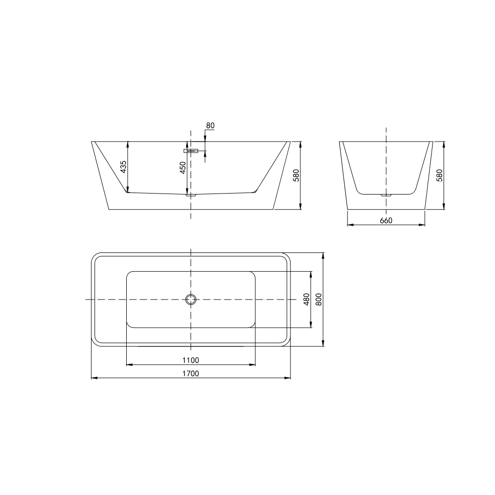 Rivato Turin 1700mm x 800mm x 580mm Gloss White Freestanding Shower Bath