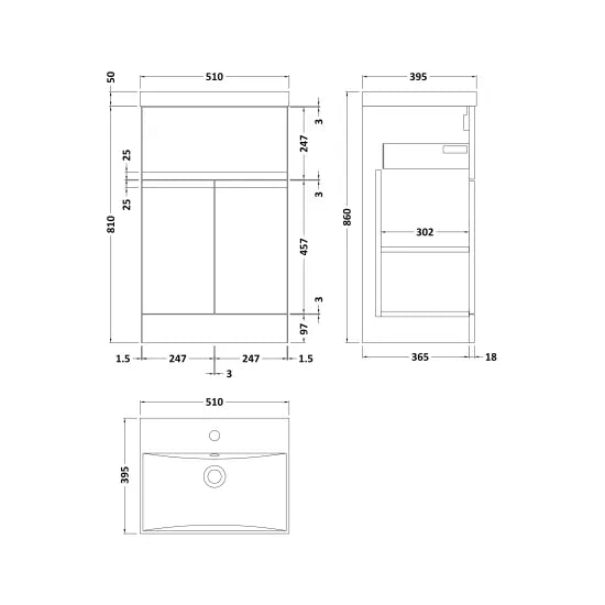 Fairford Finesse 500mm Soft Black F/S 2-Door/Drawer Vanity U