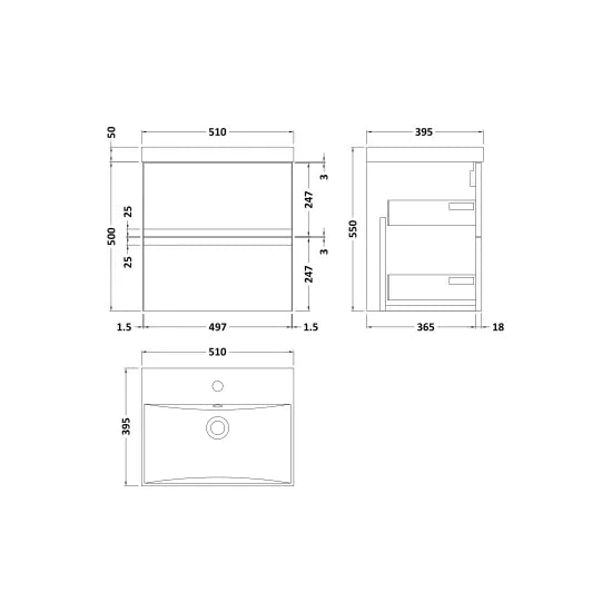 Fairford Finesse 500mm Soft Black Wall Hung 2-Drawer Vanity Unit