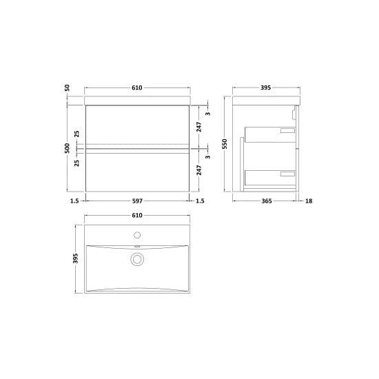 Fairford Finesse 600mm Soft Black Wall Hung 2-Drawer Vanity Unit