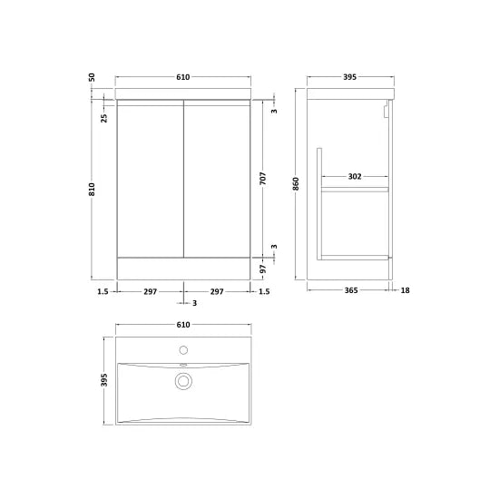 Fairford Finesse 600mm Soft Black F/S 2-Door Vanity Unit