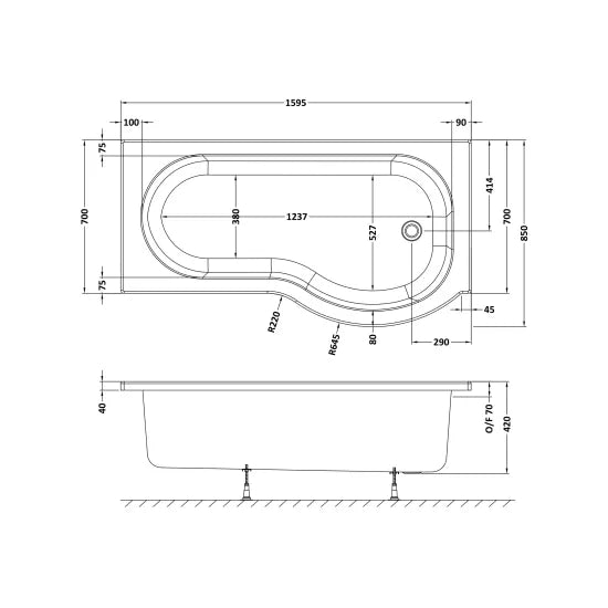 Fairford 1600 x 850mm Right Hand P Shaped Shower Bath