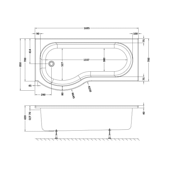 Fairford 1700 x 850mm Left Hand P Shaped Shower Bath