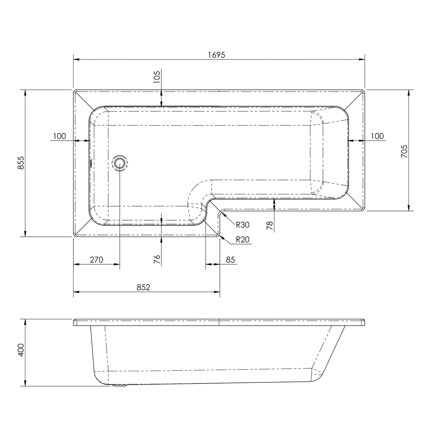 Fairford 1600 x 850mm L Shaped Left Hand Shower Bath
