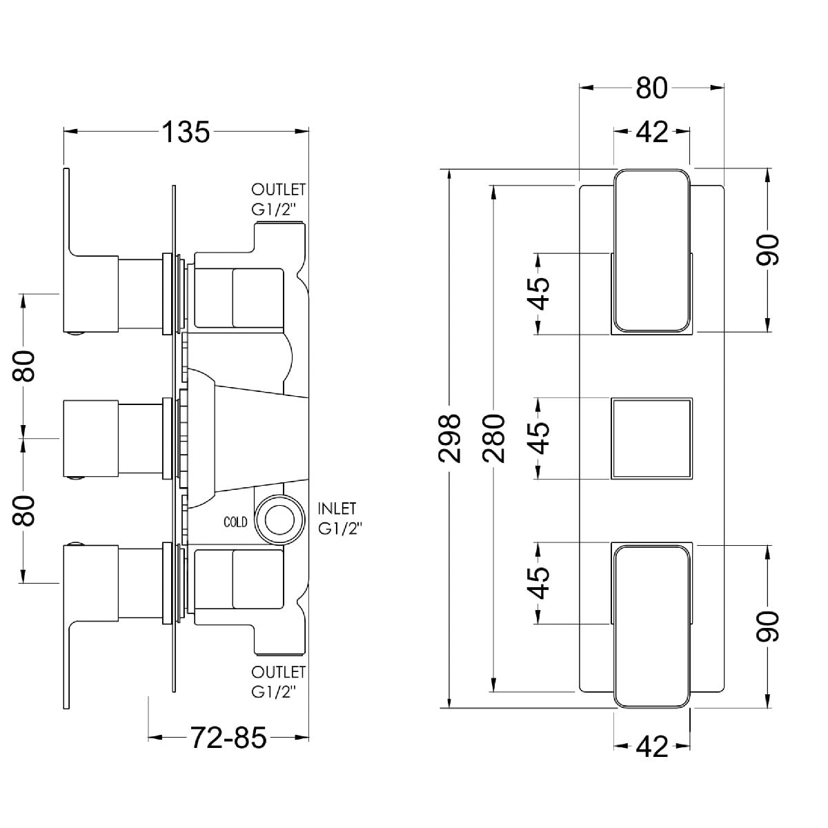 Fairford Una Grace Brushed Gun Metal Square Concealed Triple Shower Valve, 2 Outlet