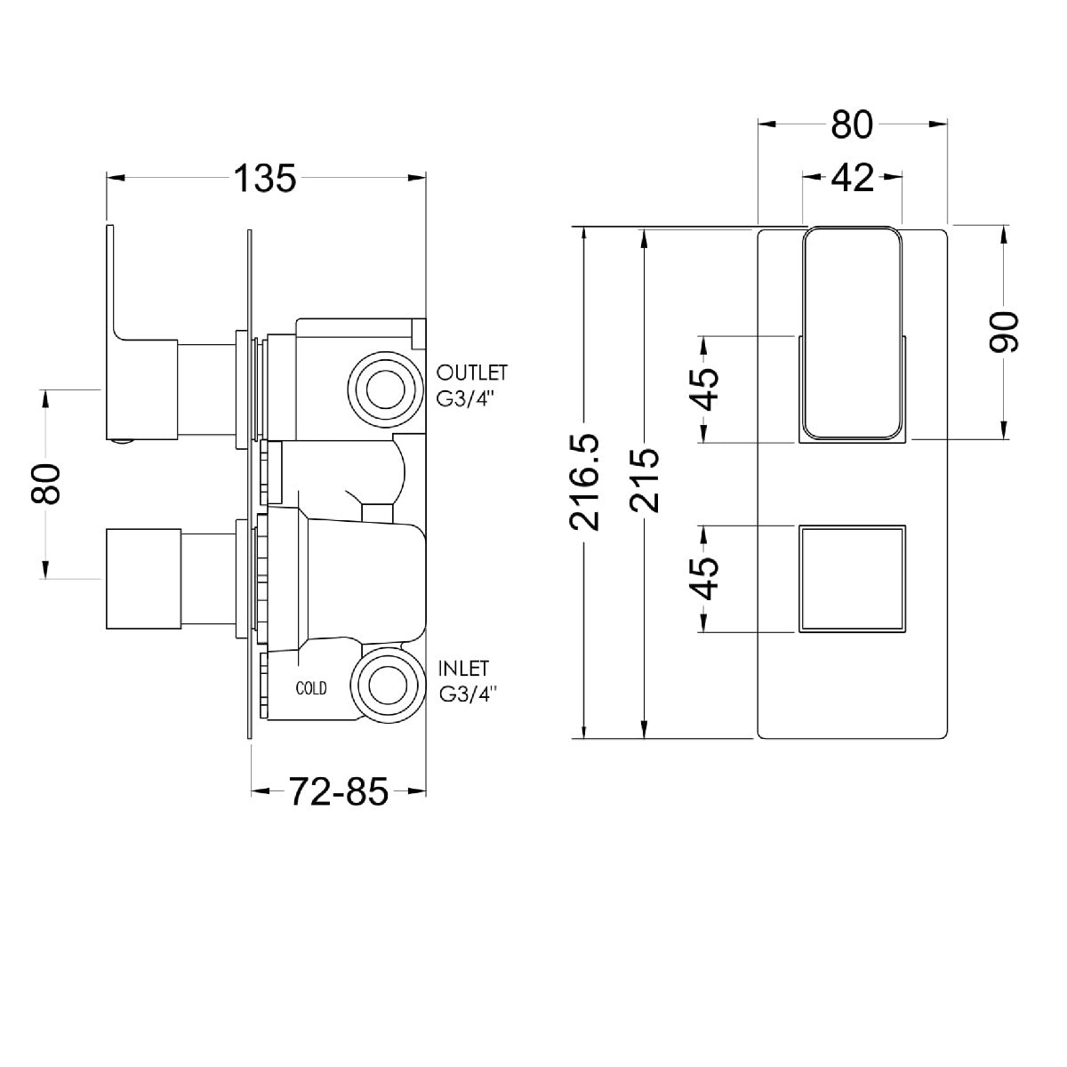 Fairford Una Grace Brushed Gun Metal Square Concealed Twin Shower Valve with Diverter, 2 Outlet