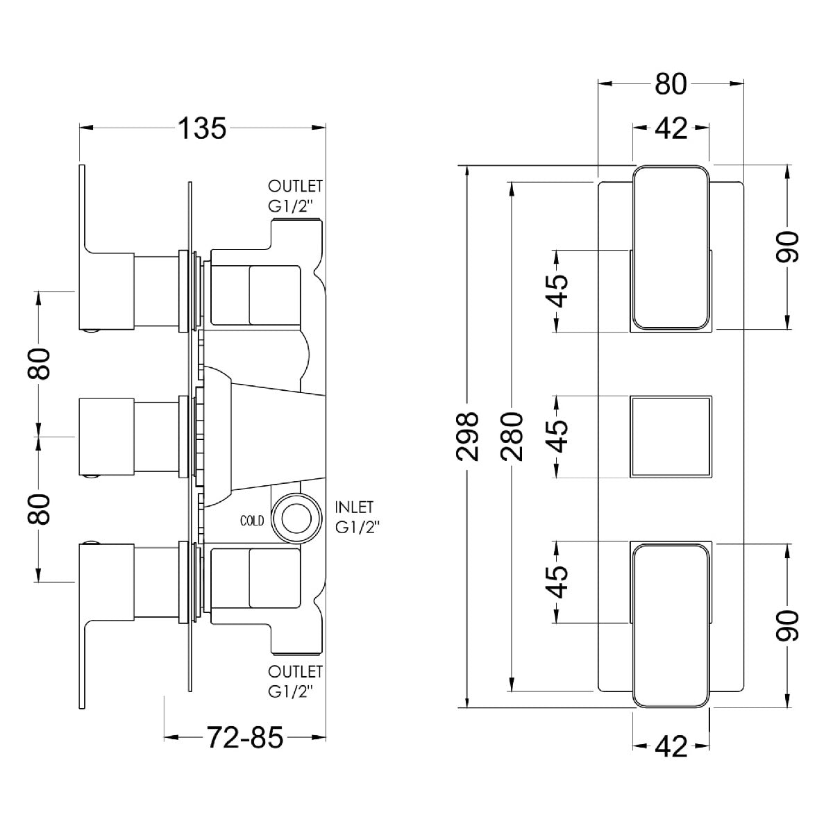 Fairford Una Grace Brushed Brass Square Concealed Triple Shower Valve, 2 Outlet