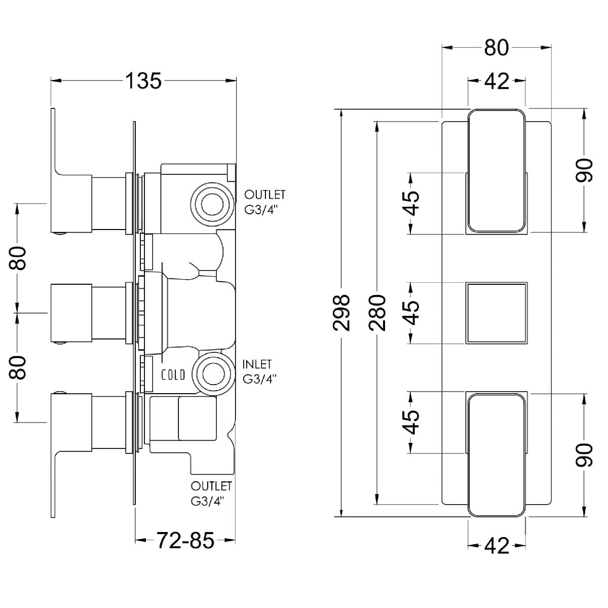 Fairford Una Grace Chrome Square Concealed Triple Shower Valve with Diverter, 3 Outlet