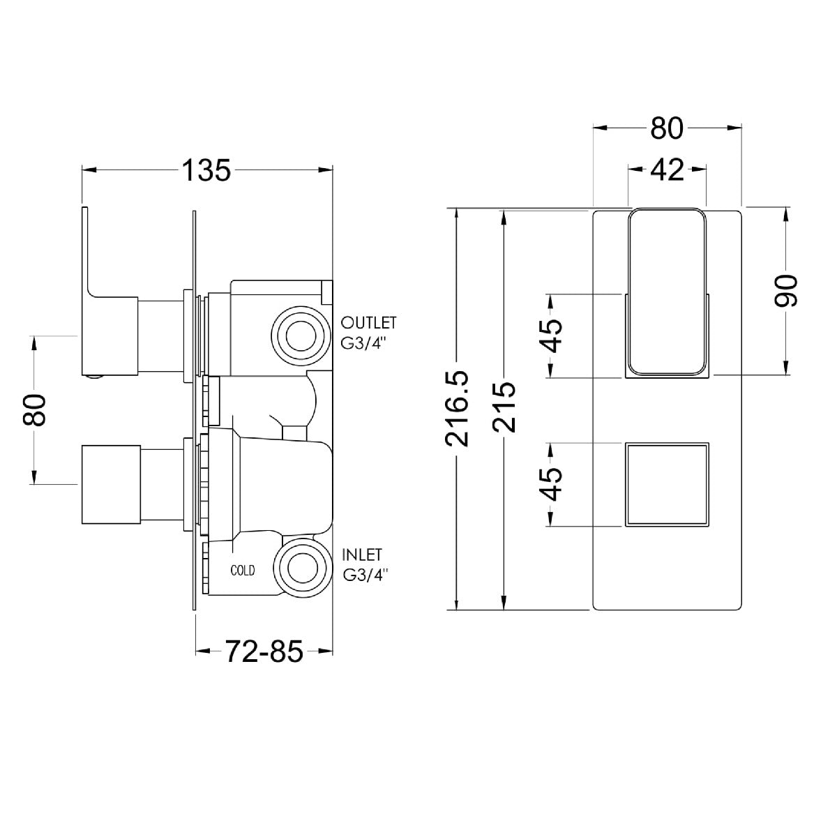 Fairford Una Grace Chrome Square Concealed Twin Shower Valve with Diverter, 2 Outlet