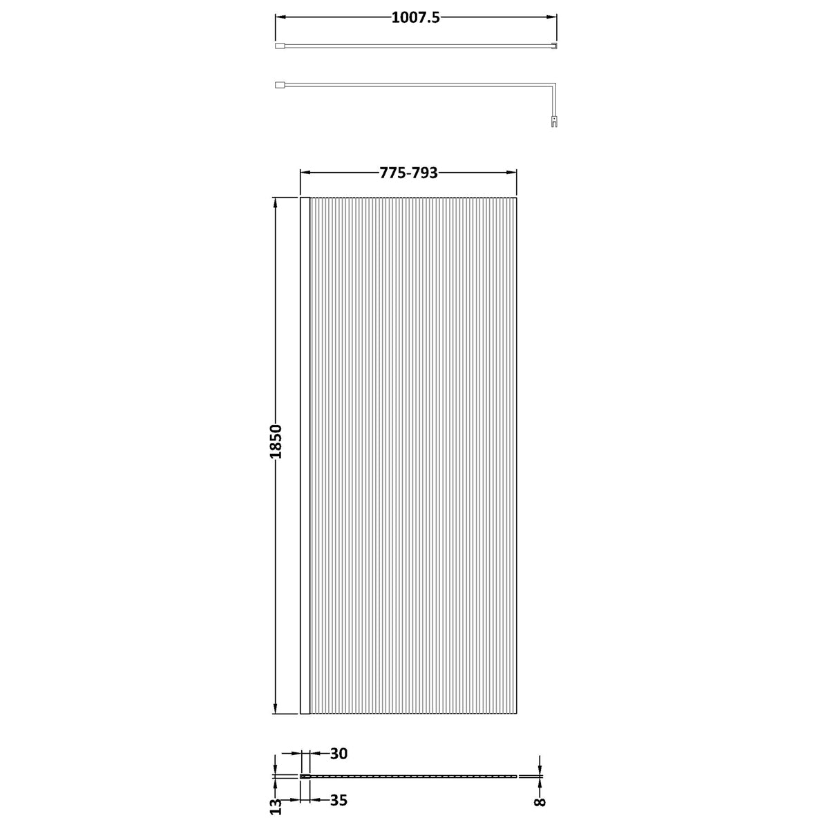 Fairford 800mm Chrome Fluted 8mm Wetroom Screen - 1850mm High