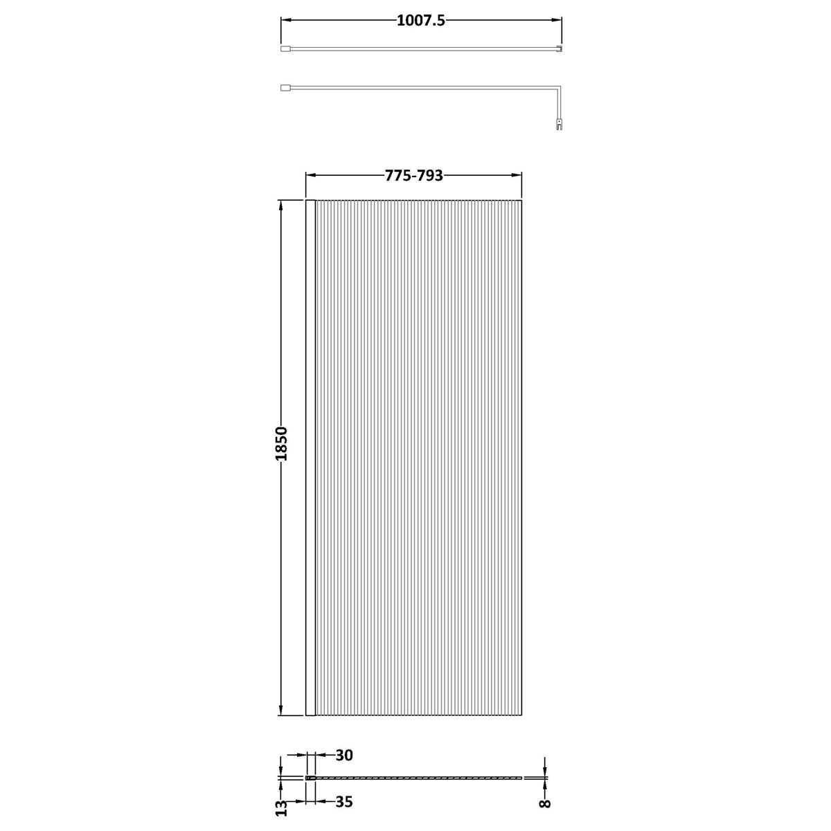 Fairford 800mm Brushed Brass Fluted 8mm Wetroom Screen - 1850mm High