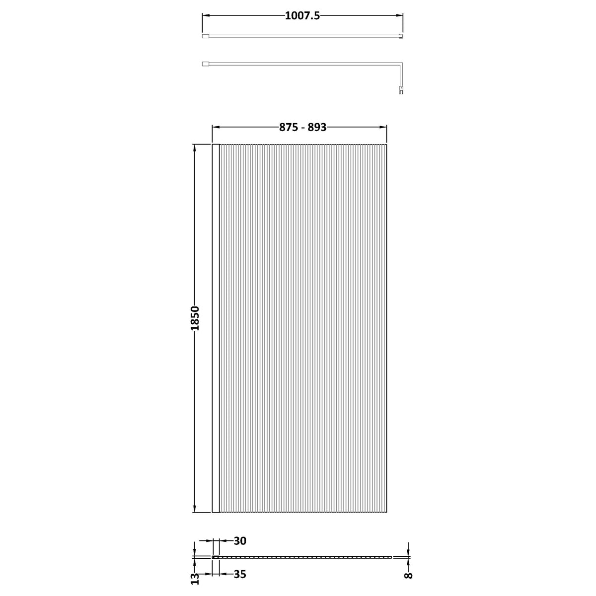 Fairford 900mm Brushed Brass Fluted 8mm Wetroom Screen - 1850mm High