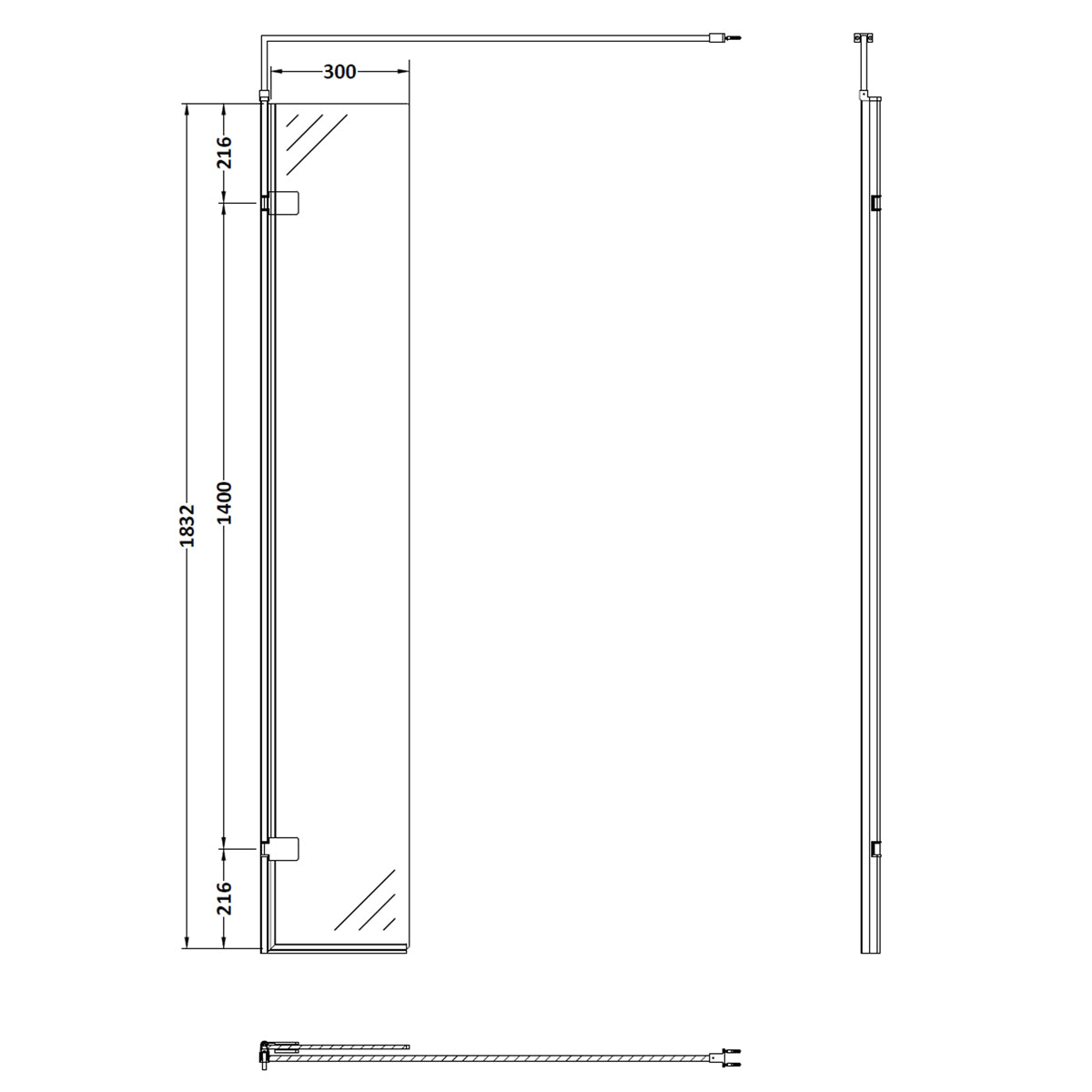 Fairford Matt Black 300mm Wetroom Swing Screen - 1850mm High