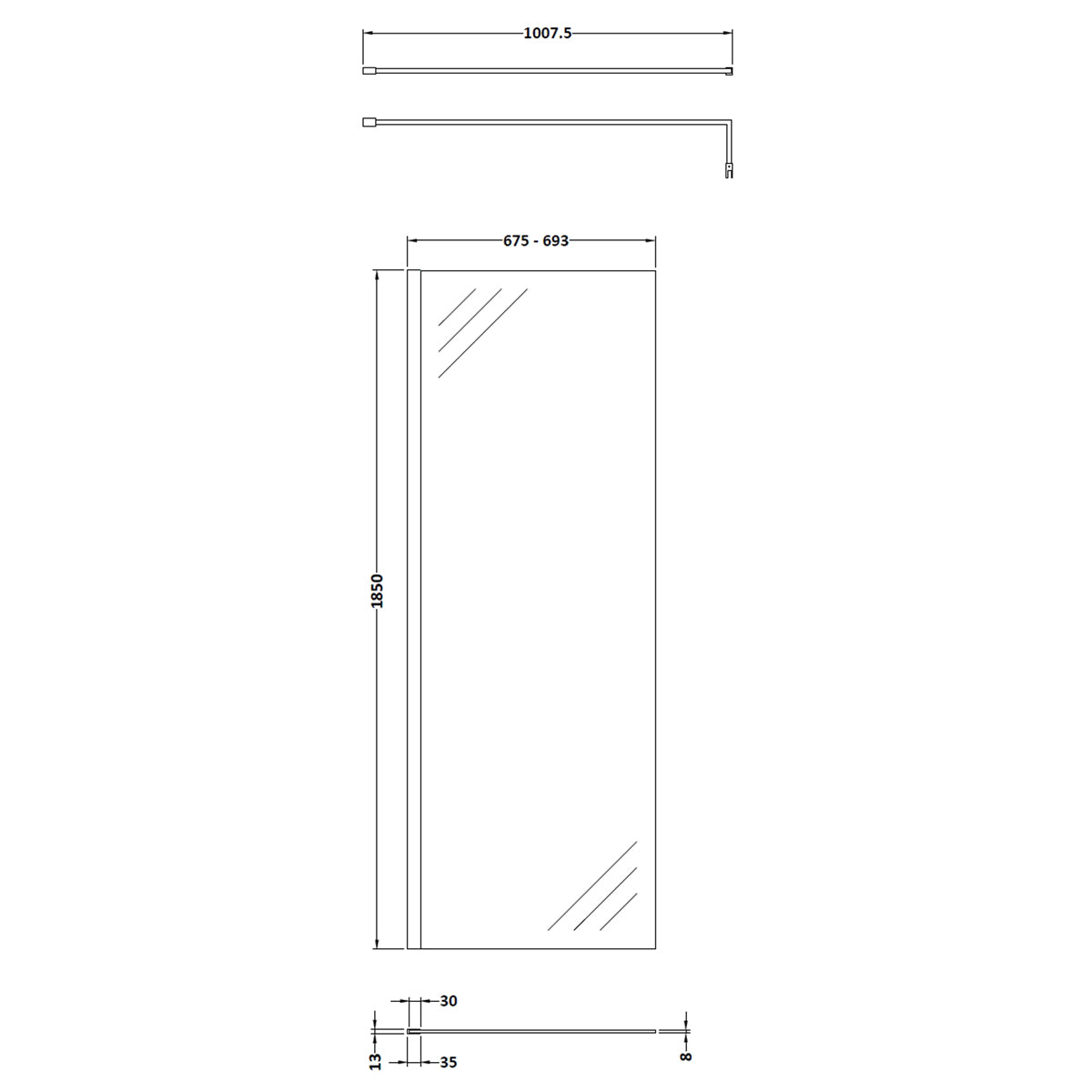 Fairford 700mm Brushed Brass 8mm Wetroom Screen - 1850mm High