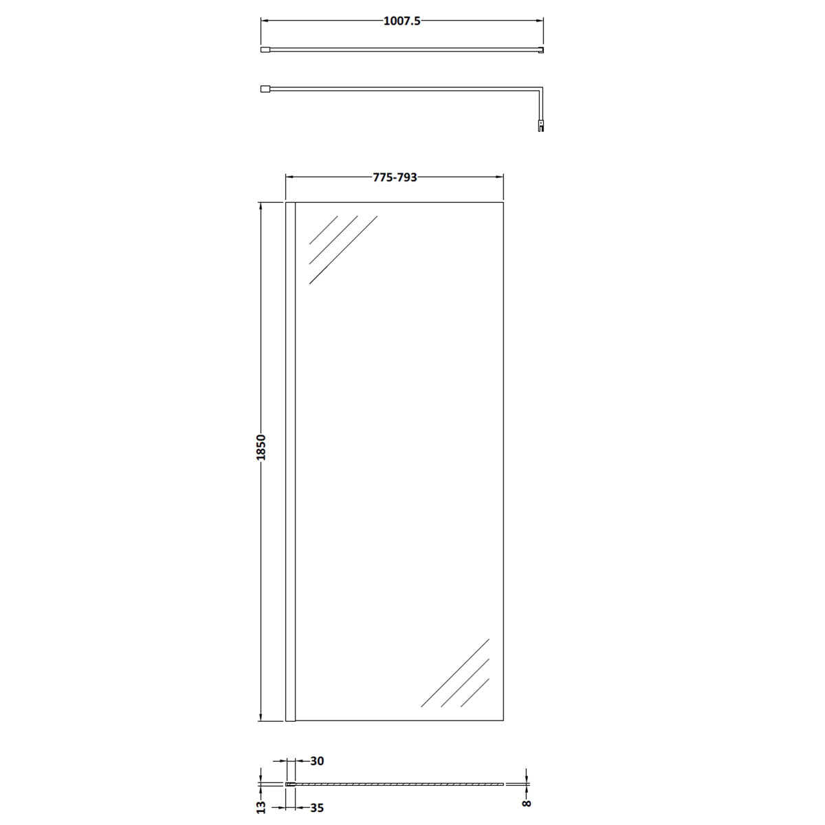 Fairford 800mm Brushed Brass 8mm Wetroom Screen - 1850mm High
