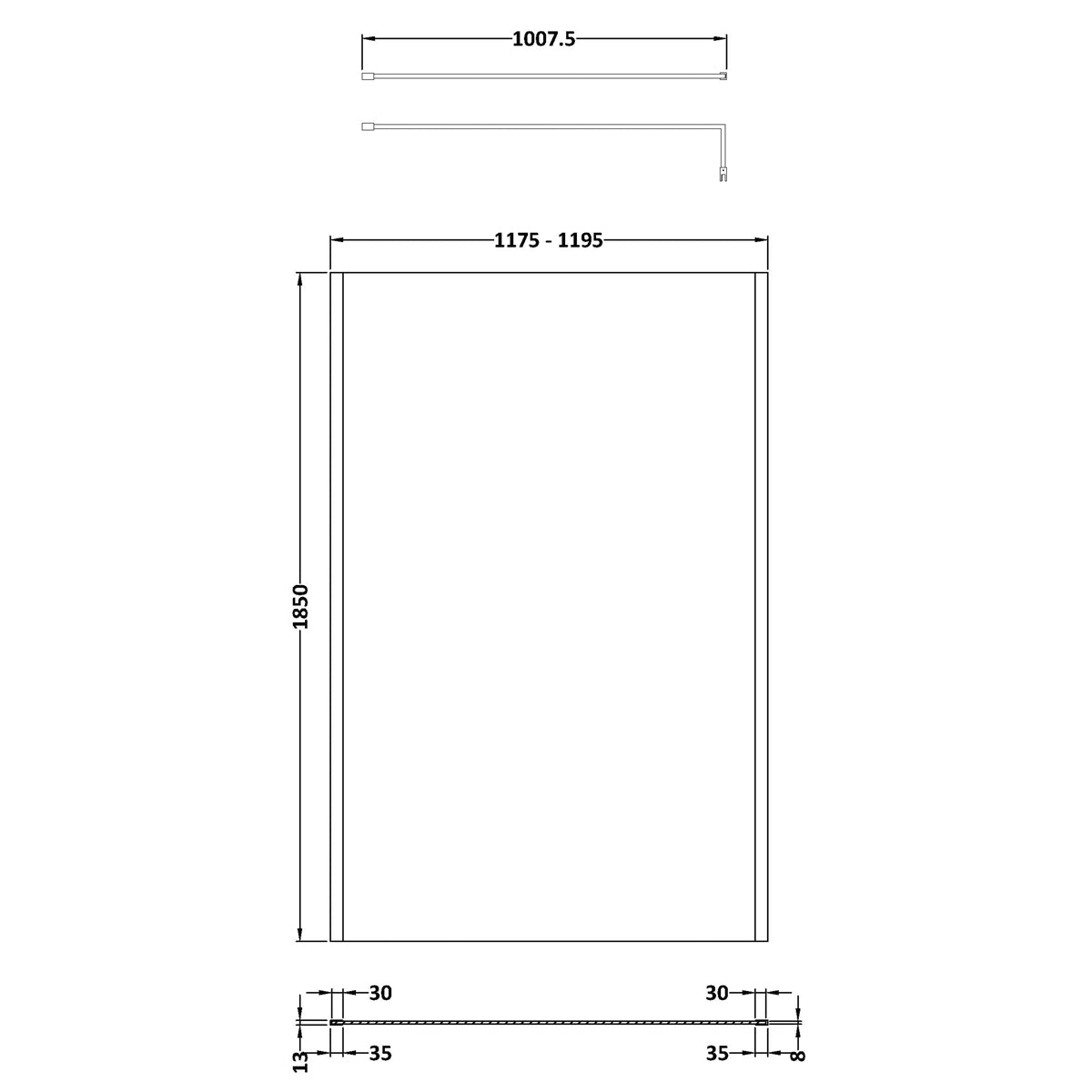 Fairford 1200mm Matt Black Vertically Framed 8mm Wetroom Screen - 1850mm High