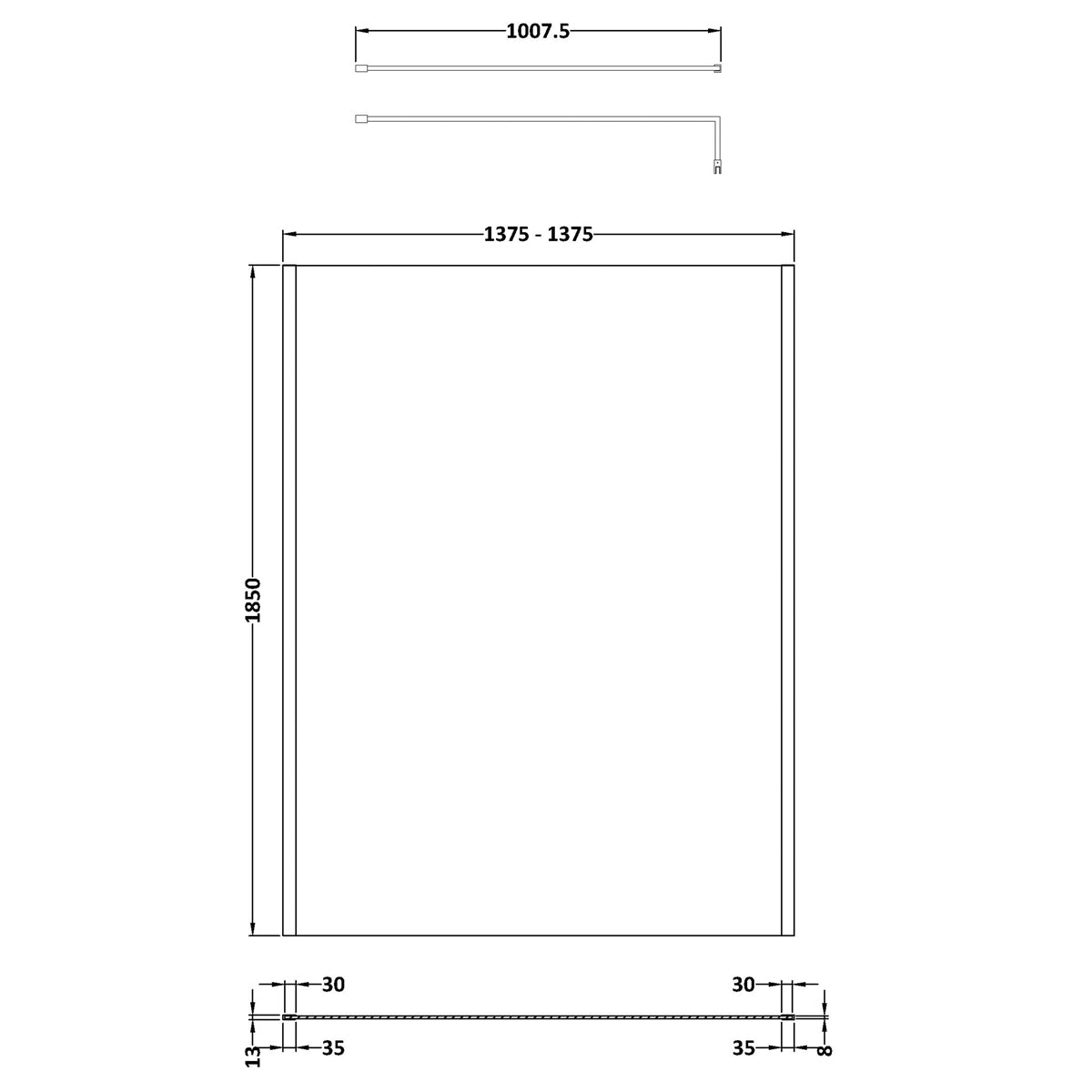 Fairford 1400mm Matt Black Vertically Framed 8mm Wetroom Screen - 1850mm High