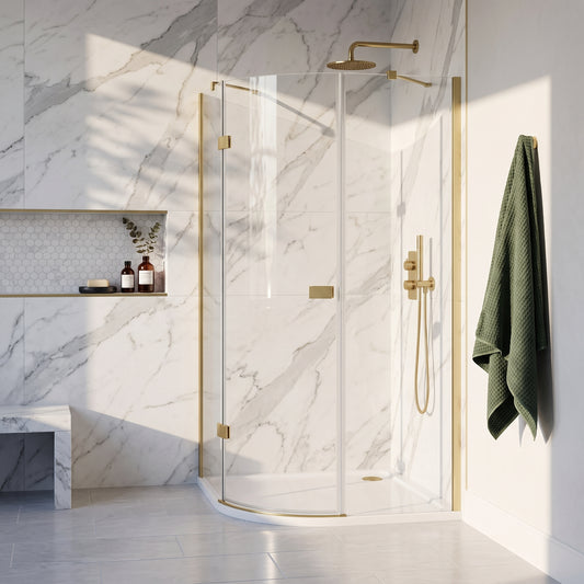 Fairford 8mm Frameless 1200 x 900mm Brushed Brass Offset Quadrant Enclosure