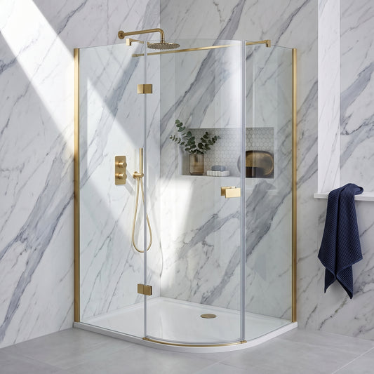 Fairford 8mm Frameless 1200 x 800mm Brushed Brass Offset Quadrant Enclosure