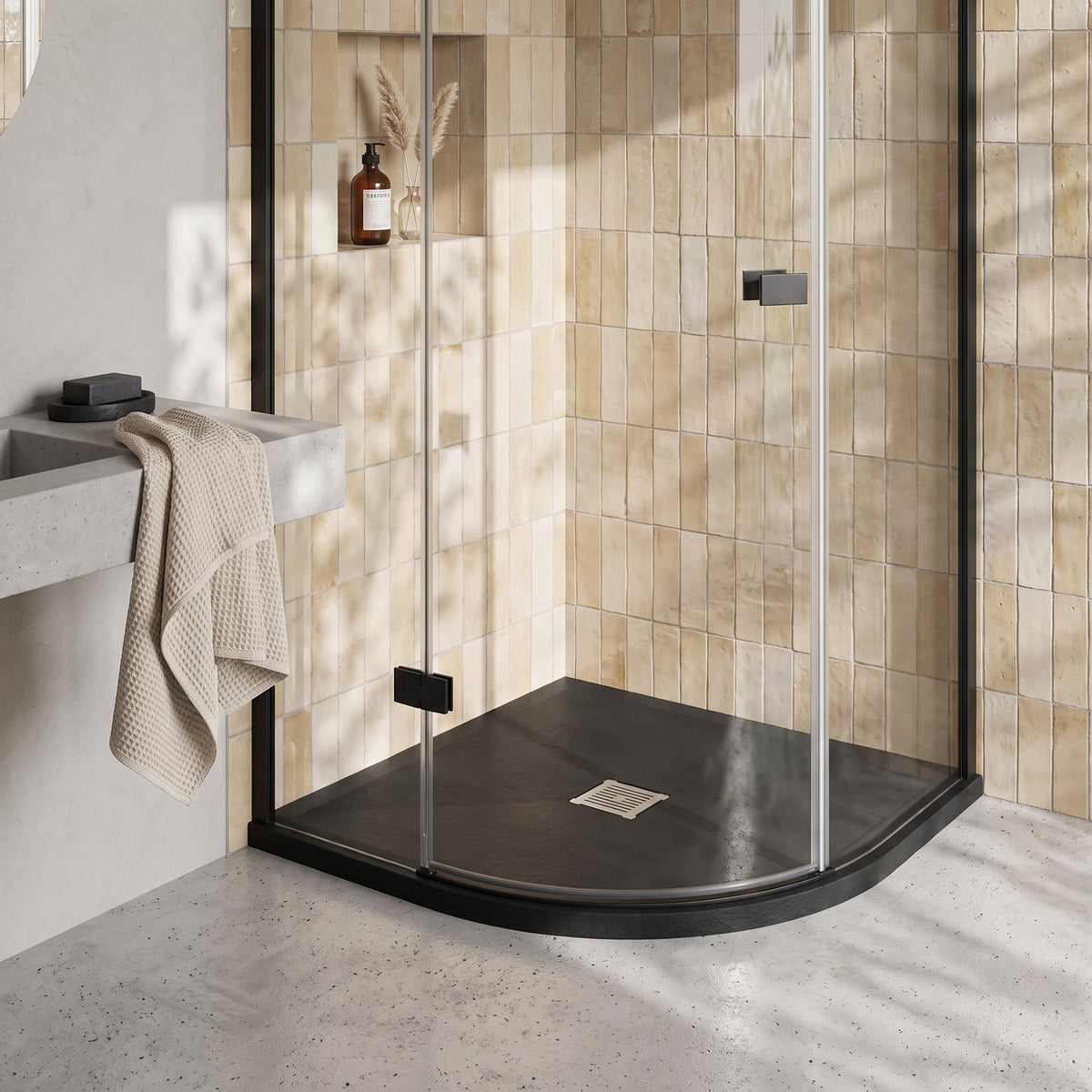 Fairford Quadrant Black Slate Shower Tray, Center Waste-900mm x 900mm