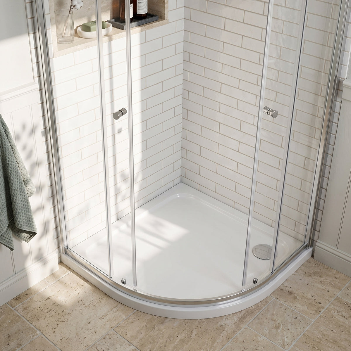 Fairford 900 x 900mm Quadrant Shower Tray, Corner Waste