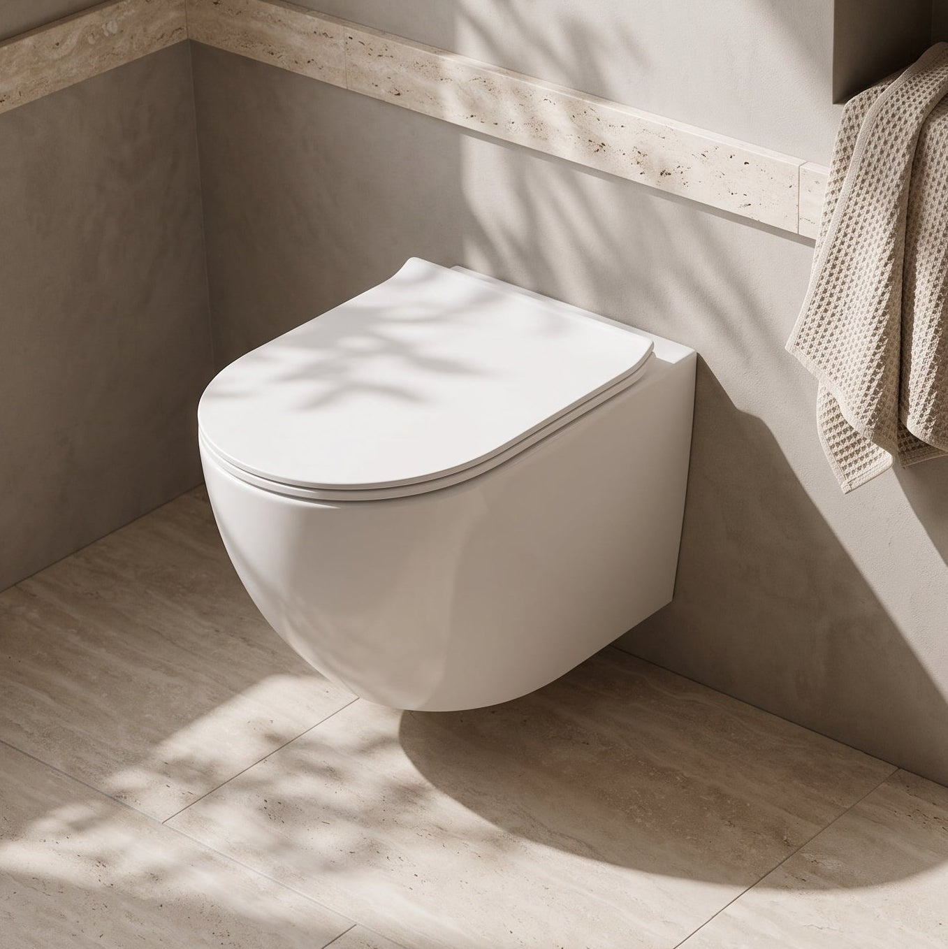 Fairford Sierra Pure Wall Hung Toilet with Soft Close Seat — Warm-Neutral Stone lifestyle