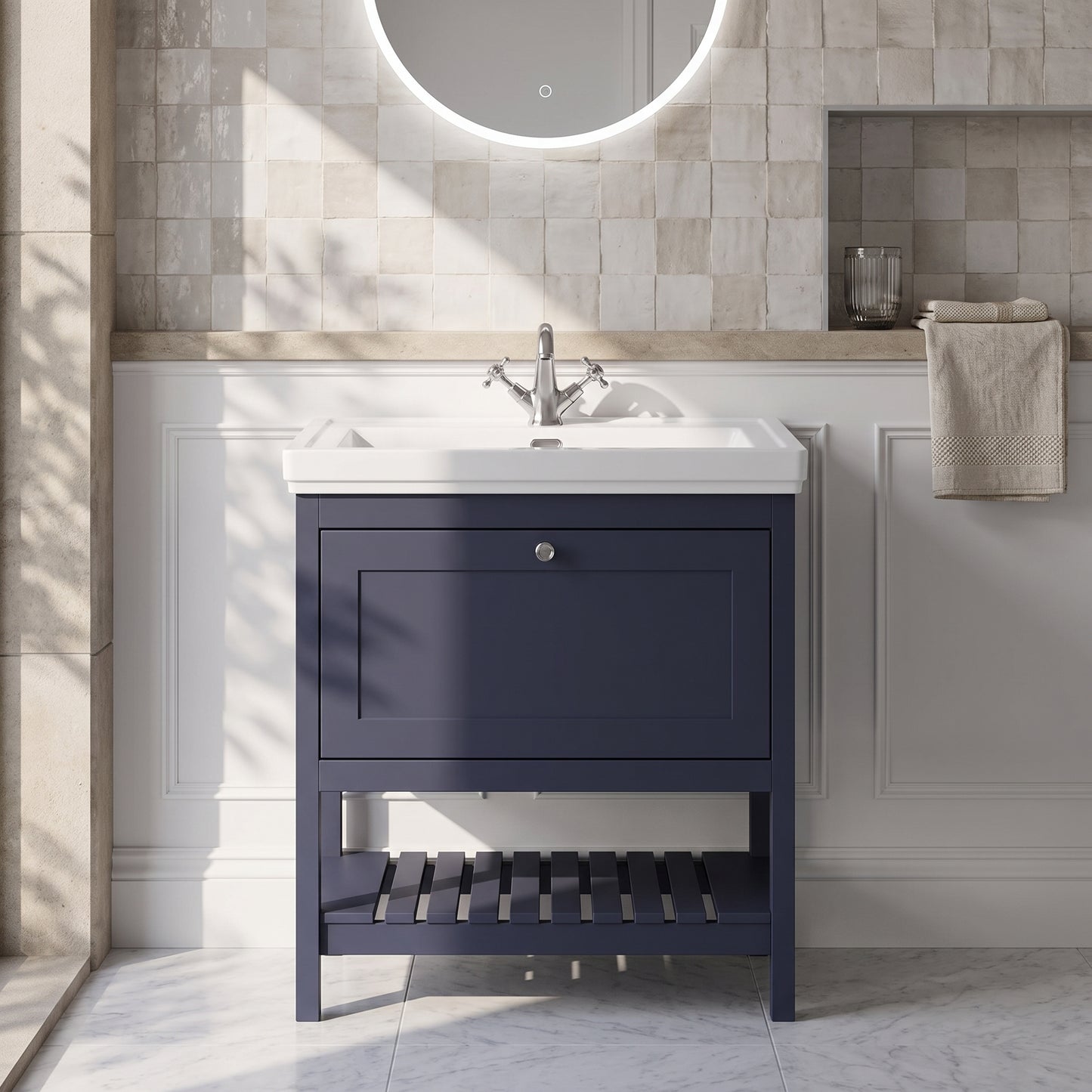 Fairford Juliette 800mm Indigo Blue 1 Tap Hole Floorstanding Vanity Unit — Classic White Wainscot lifestyle