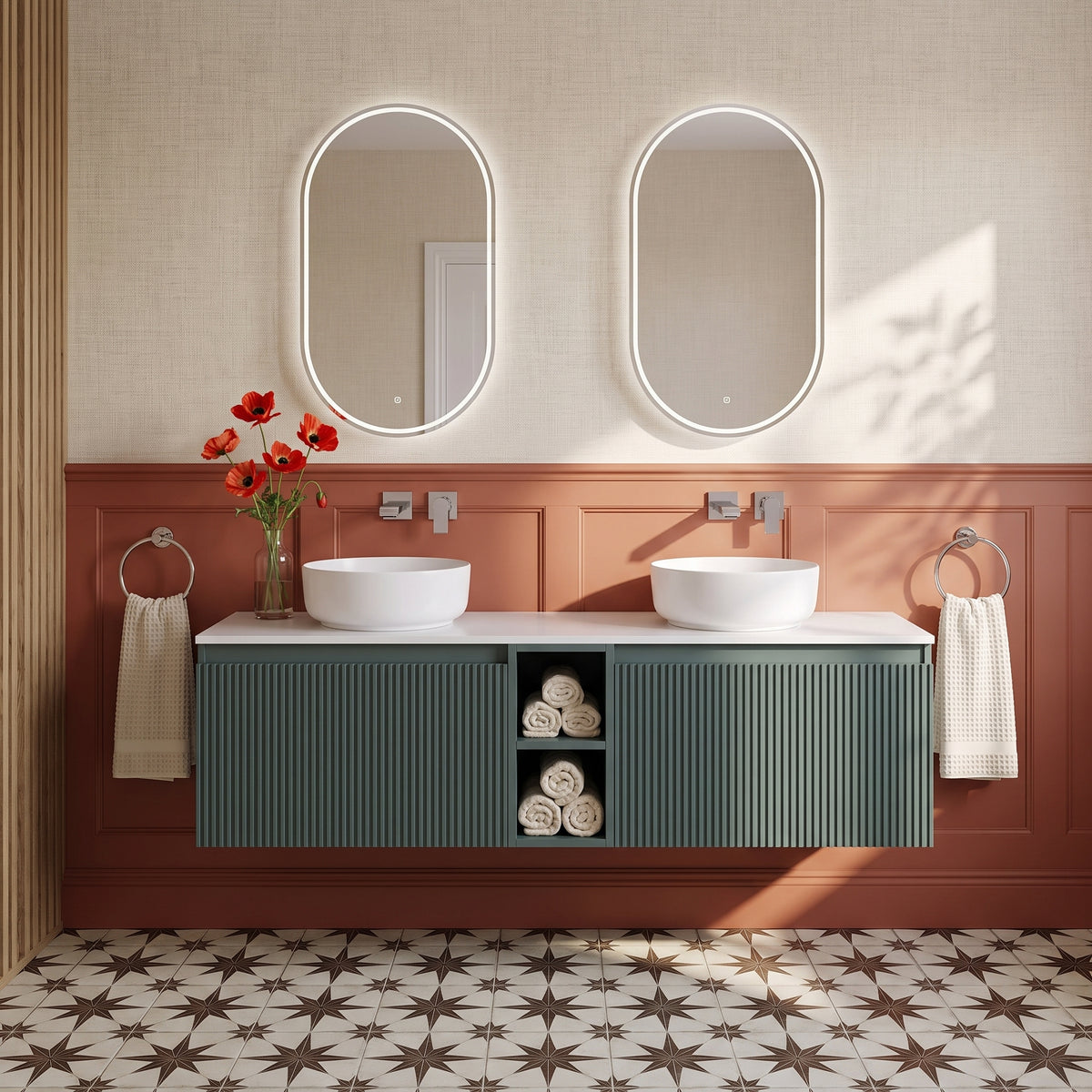 Fairford Sophia Smoked Sage 1400mm Wall Hung Double Vanity Unit with Central Storage and Worktop