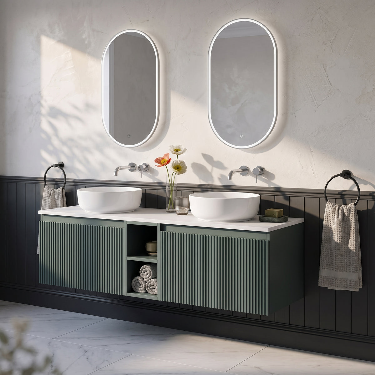 Fairford Sophia Smoked Sage 1400mm Wall Hung Double Vanity Unit with Central Storage and Worktop