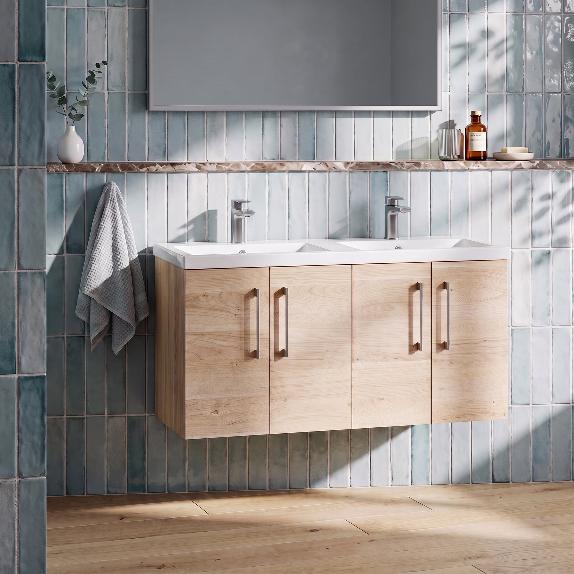 Fairford Aspri Bleached Oak 1200mm 4 Door Wall Hung Vanity Unit