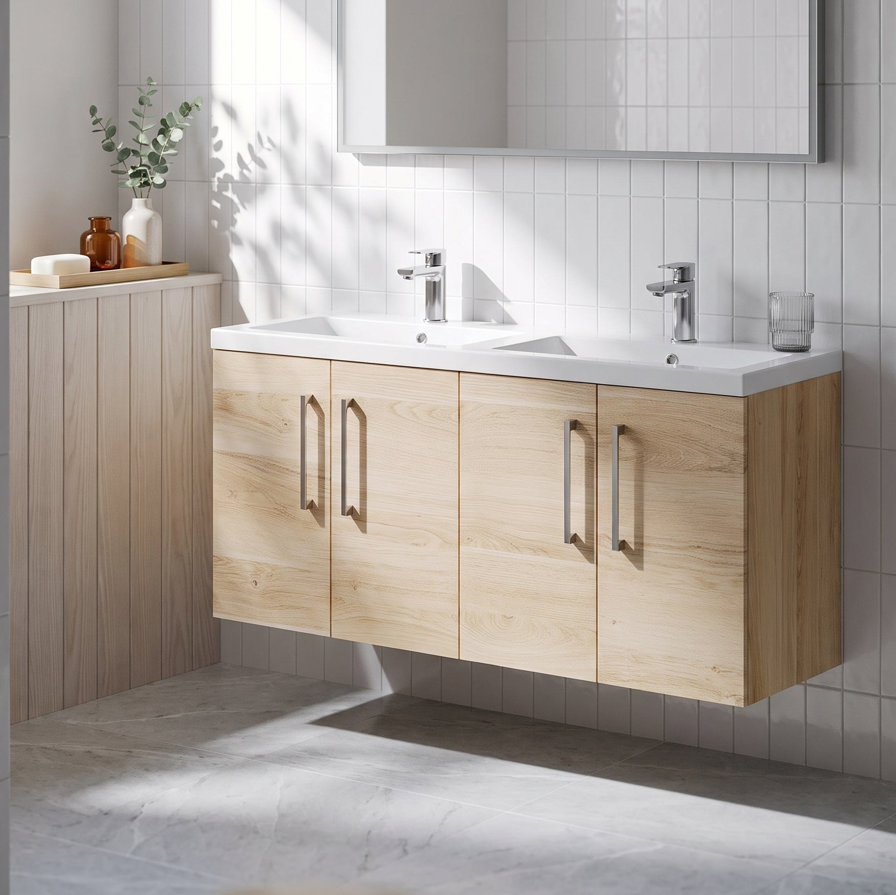 Fairford Aspri Bleached Oak 1200mm 4 Door Wall Hung Vanity Unit