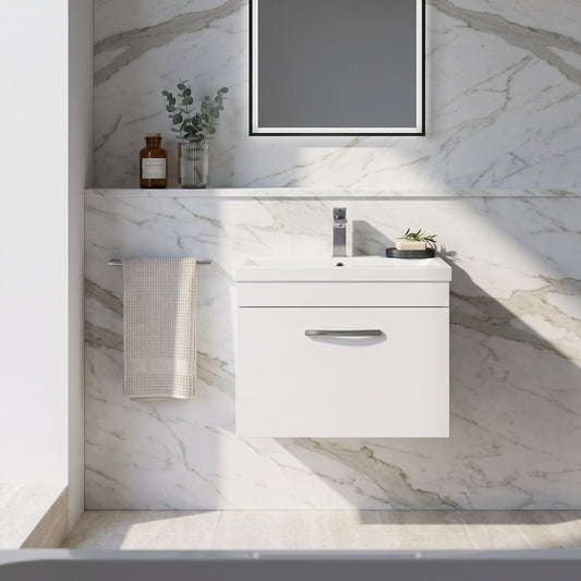 Fairford Carnation 600mm Gloss White Wall Hung 1 Drawer Vanity Unit — Bright White Marble lifestyle