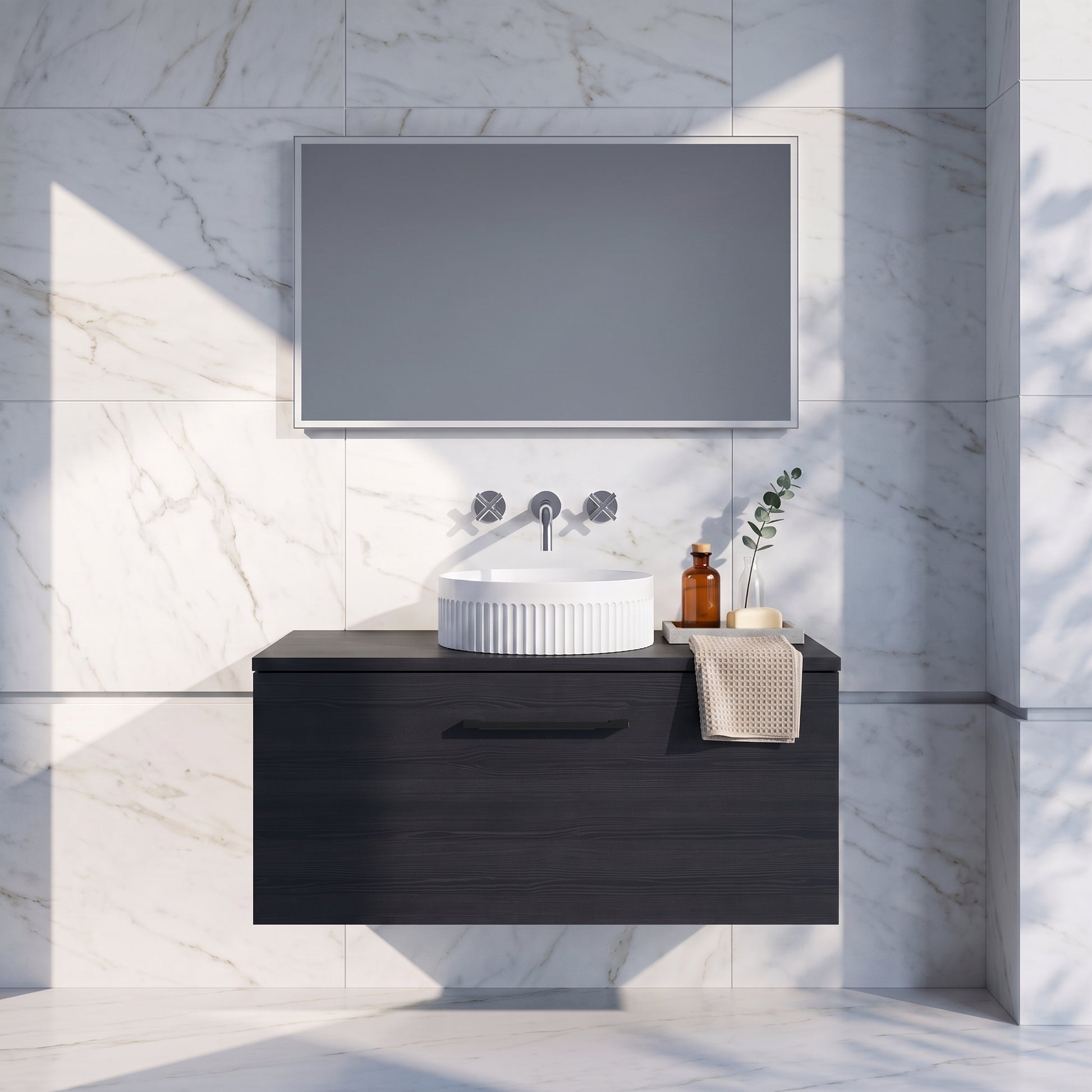 Fairford Aspri Black Woodgrain 800mm 1 Drawer Wall Hung Vanity Unit with Worktop