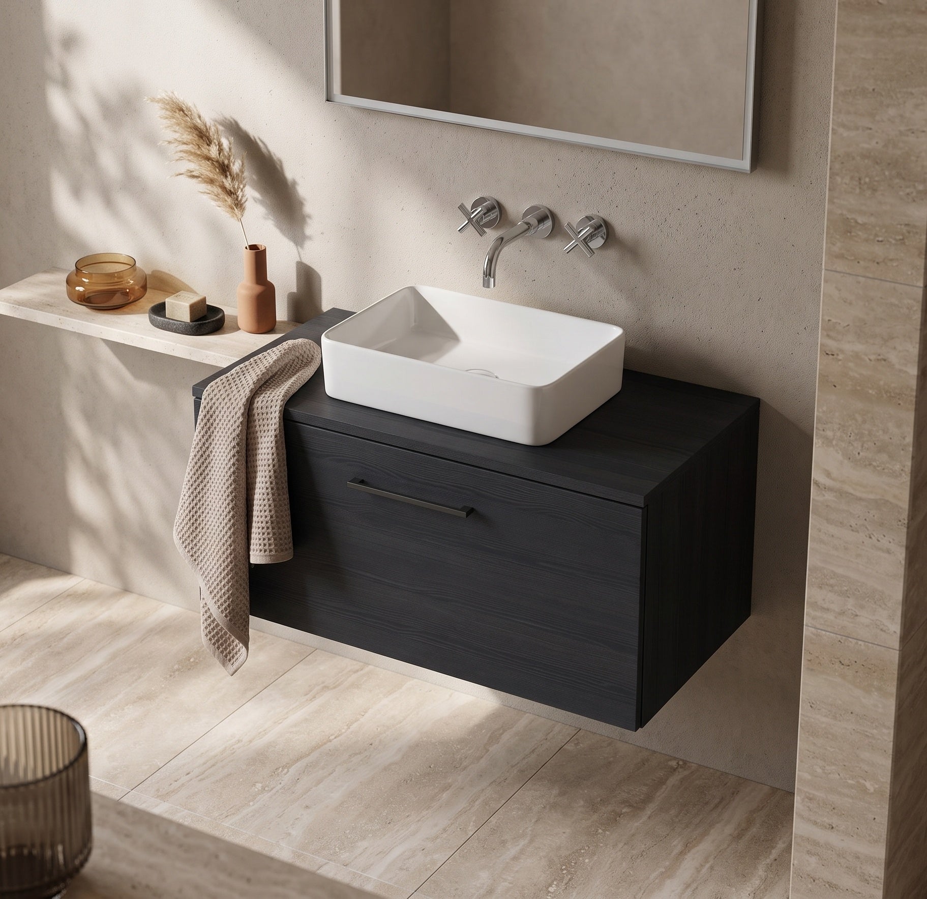 Fairford Aspri Black Woodgrain 800mm 1 Drawer Wall Hung Vanity Unit with Worktop