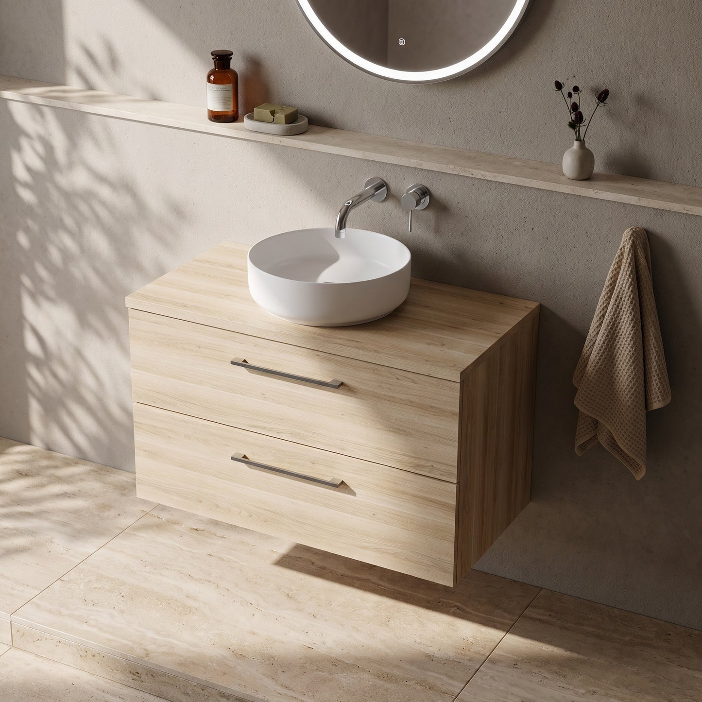 Fairford Aspri Bleached Oak 1200mm 2 Drawer Wall Hung Vanity Unit with Worktop