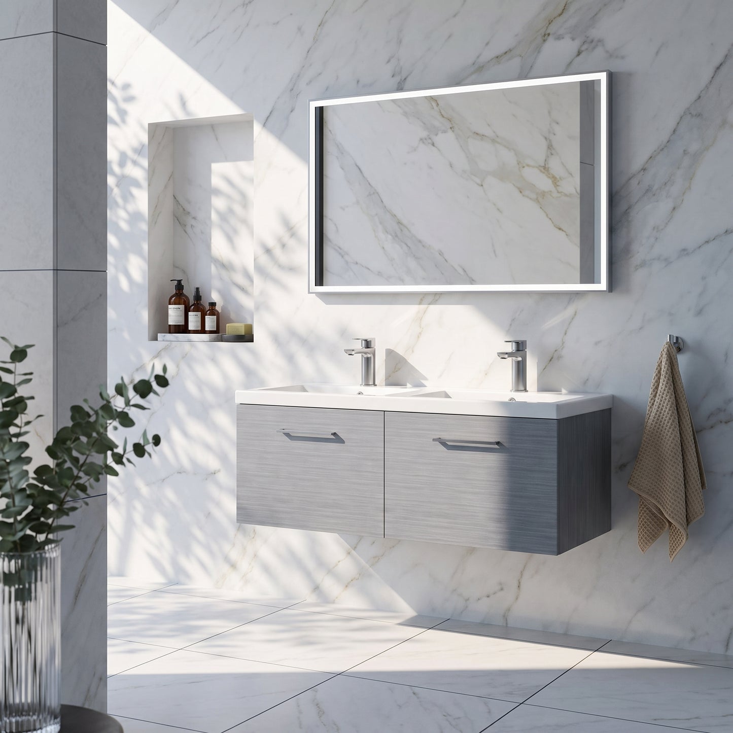 Fairford Aspri Grey Woodgrain 1200mm 2 Drawer Wall Hung Vanity Unit