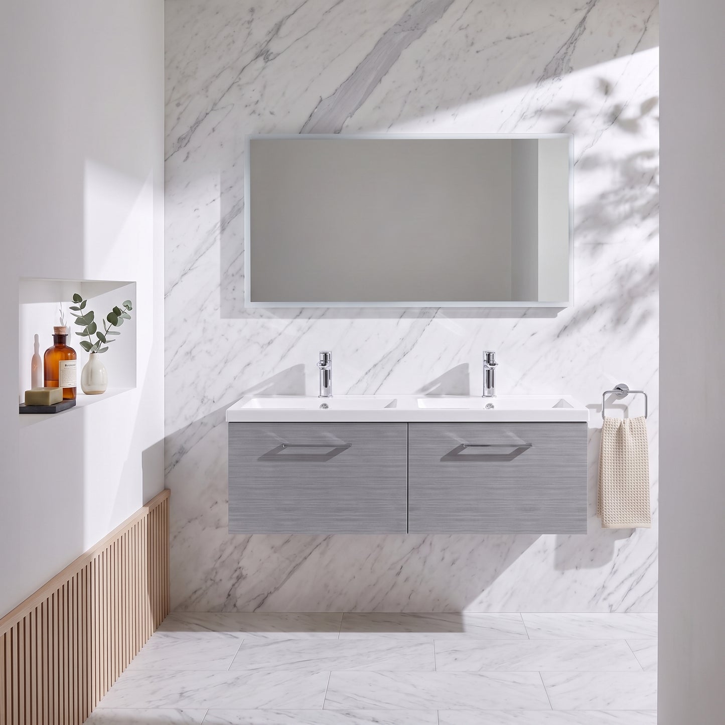 Fairford Aspri Grey Woodgrain 1200mm 2 Drawer Wall Hung Vanity Unit