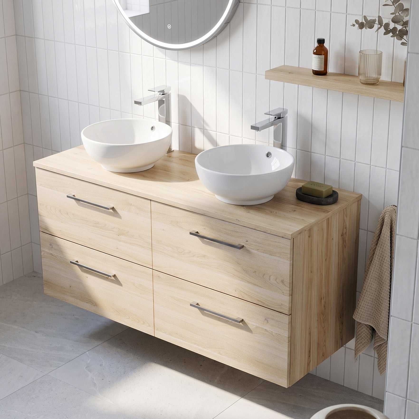 Fairford Aspri Bleached Oak 1200mm 4 Drawer Wall Hung Vanity Unit with Worktop