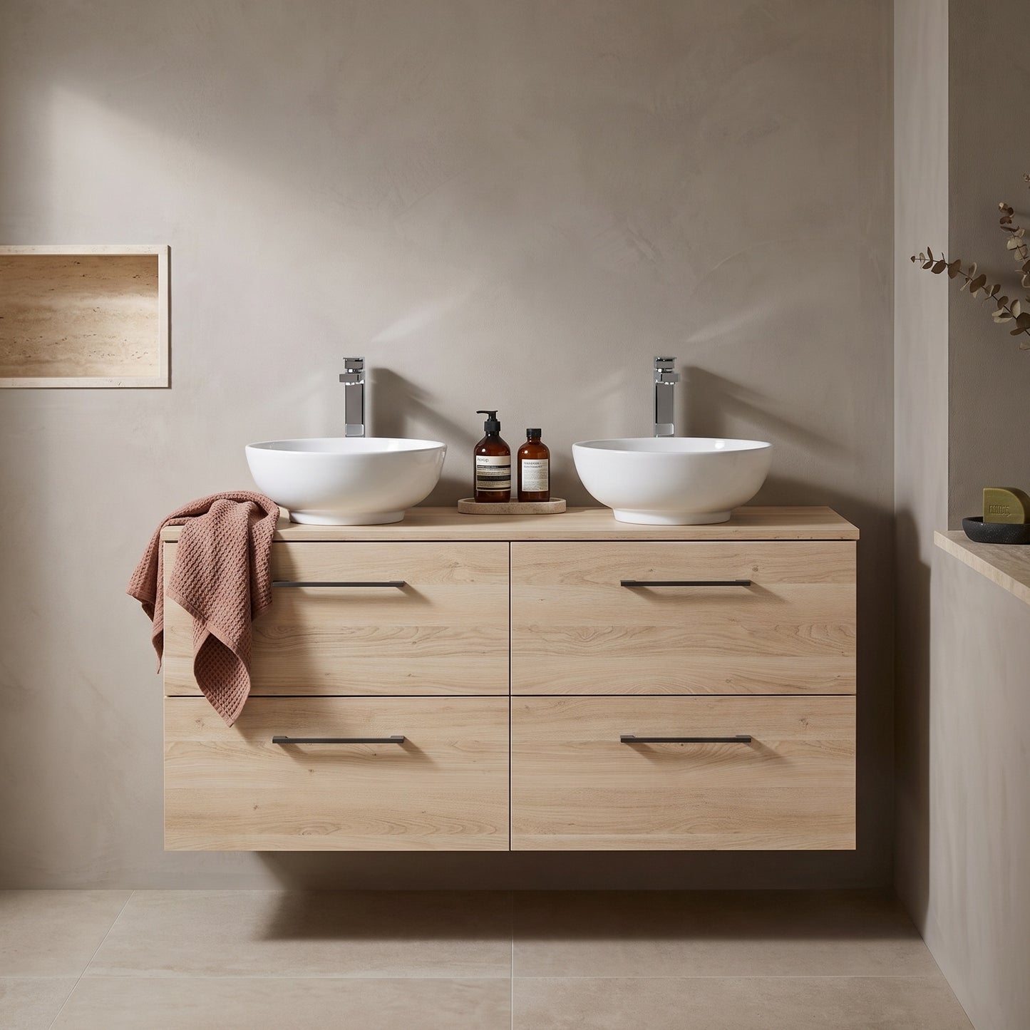Fairford Aspri Bleached Oak 1200mm 4 Drawer Wall Hung Vanity Unit with Worktop