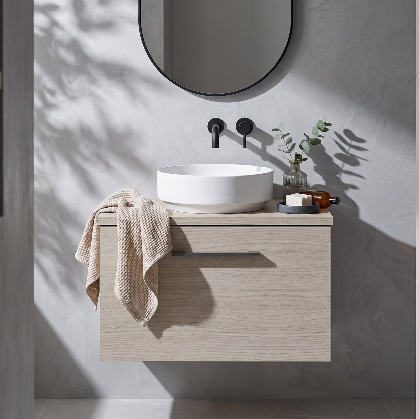 Fairford Aspri 600mm Solace Oak Wall Hung Vanity Unit, MDF Solace Oak Worktop