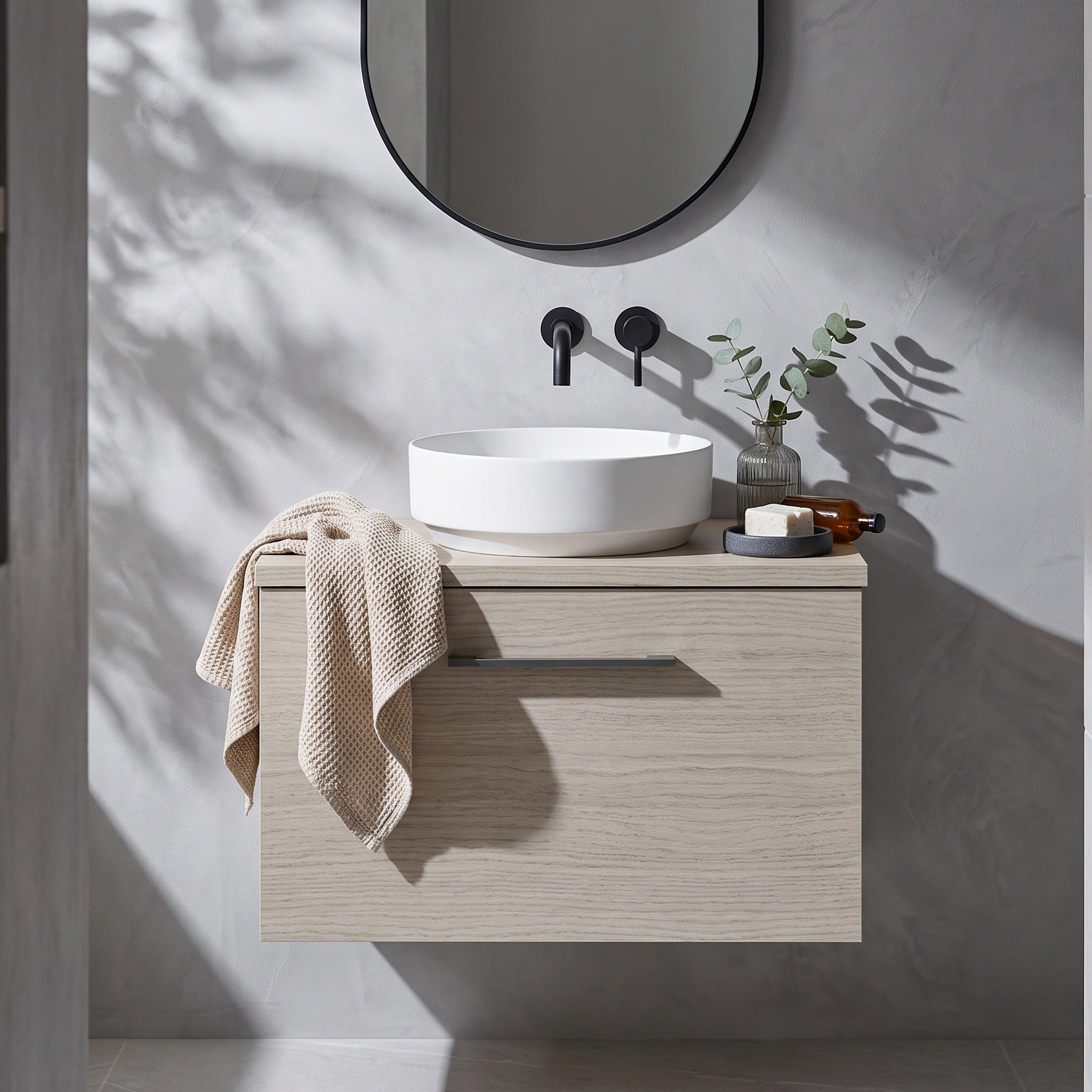 Fairford Aspri 600mm Solace Oak Wall Hung Vanity Unit, MDF Solace Oak Worktop