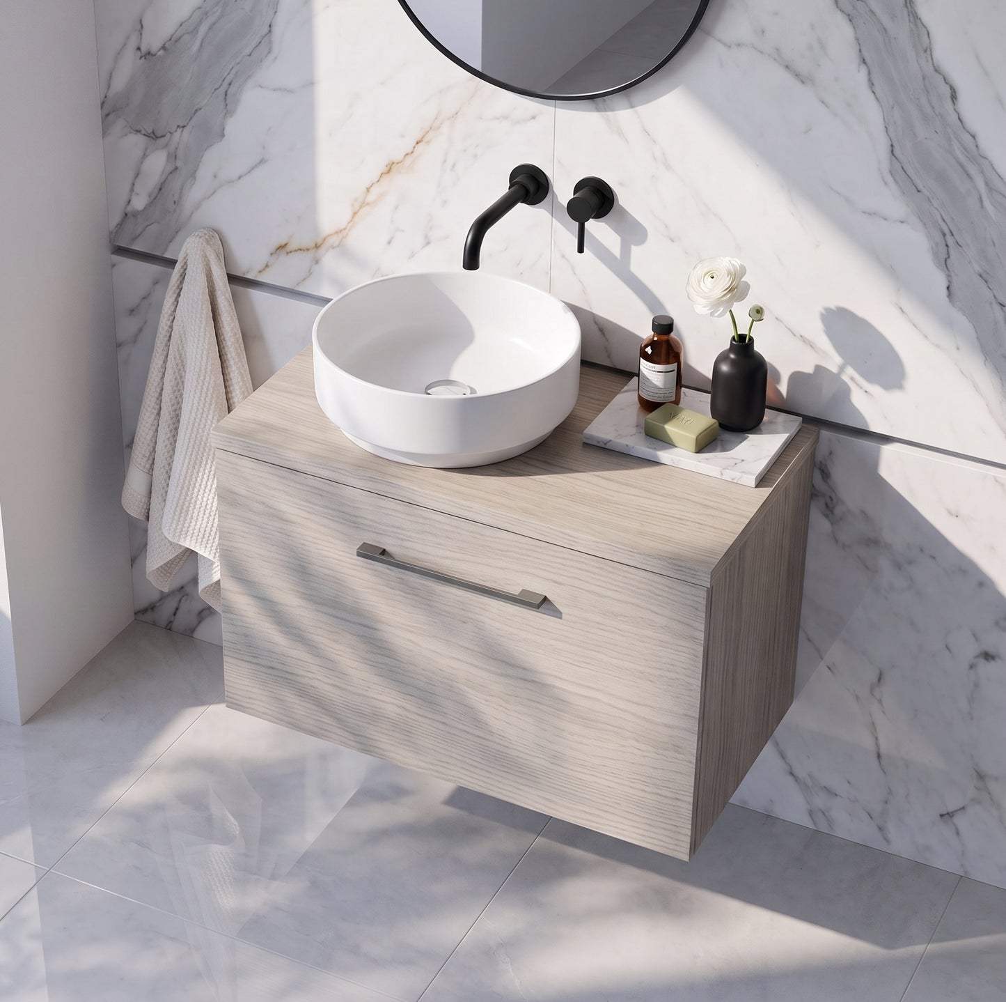 Fairford Aspri 600mm Solace Oak Wall Hung Vanity Unit, MDF Solace Oak Worktop