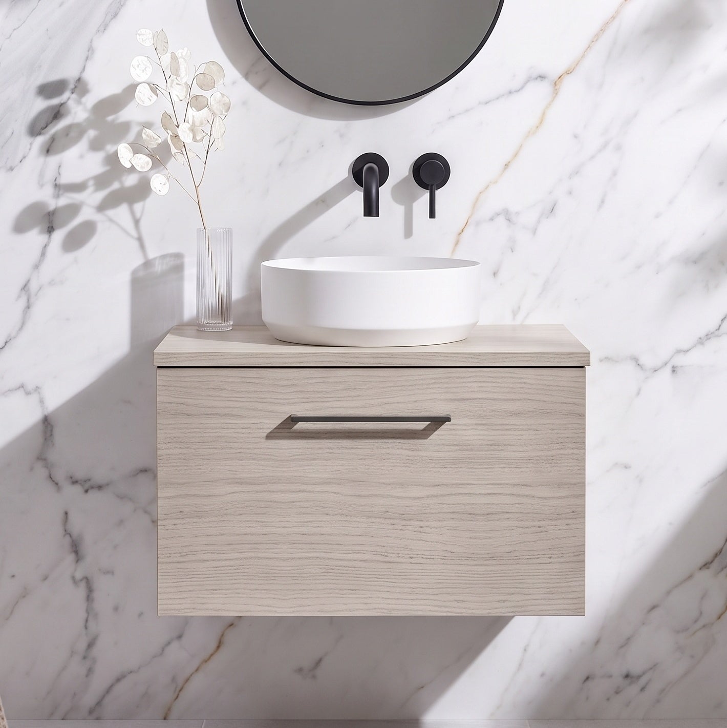 Fairford Aspri 600mm Solace Oak Wall Hung Vanity Unit, MDF Solace Oak Worktop