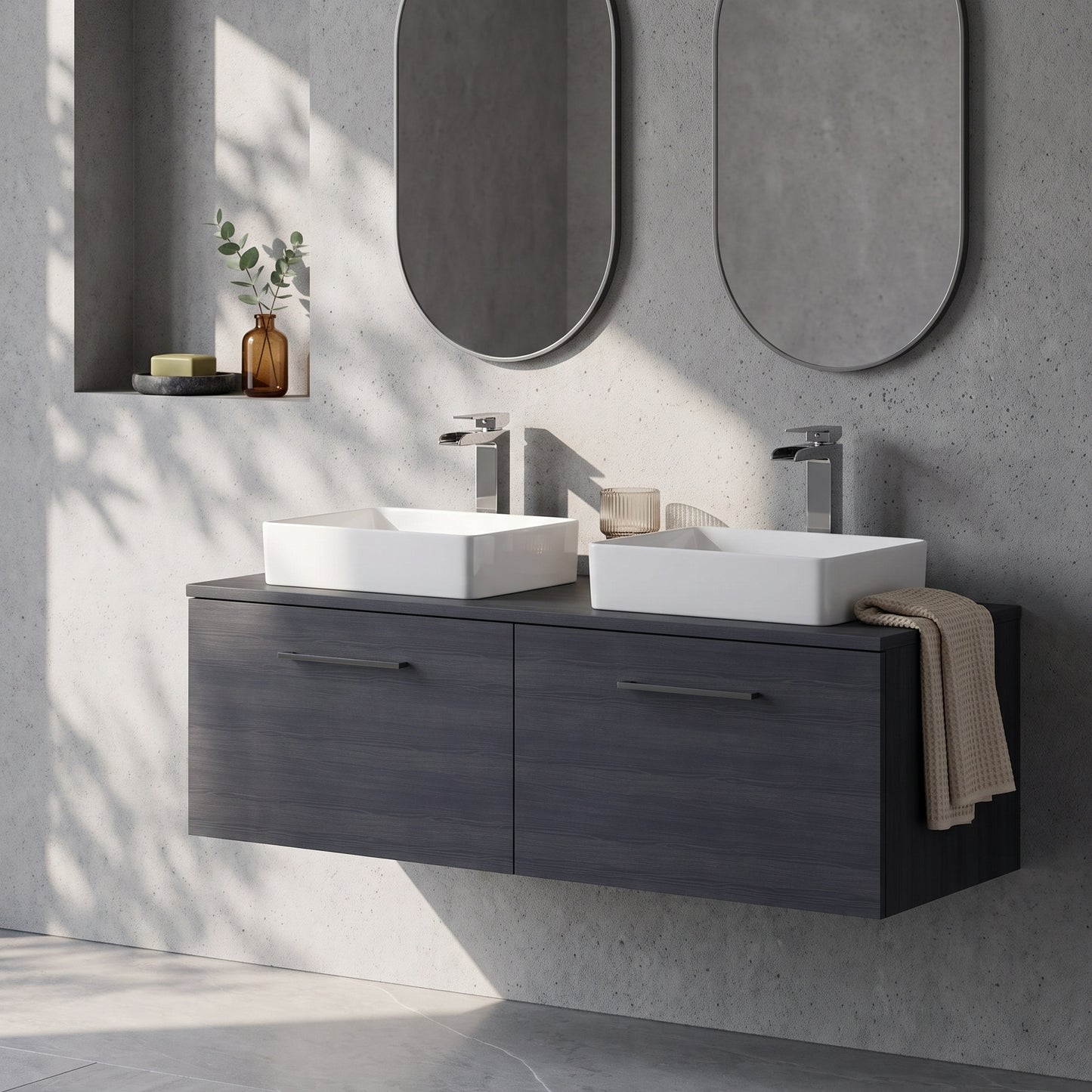 Fairford Aspri Black Woodgrain 1200mm 2 Drawer Wall Hung Vanity Unit with Worktop