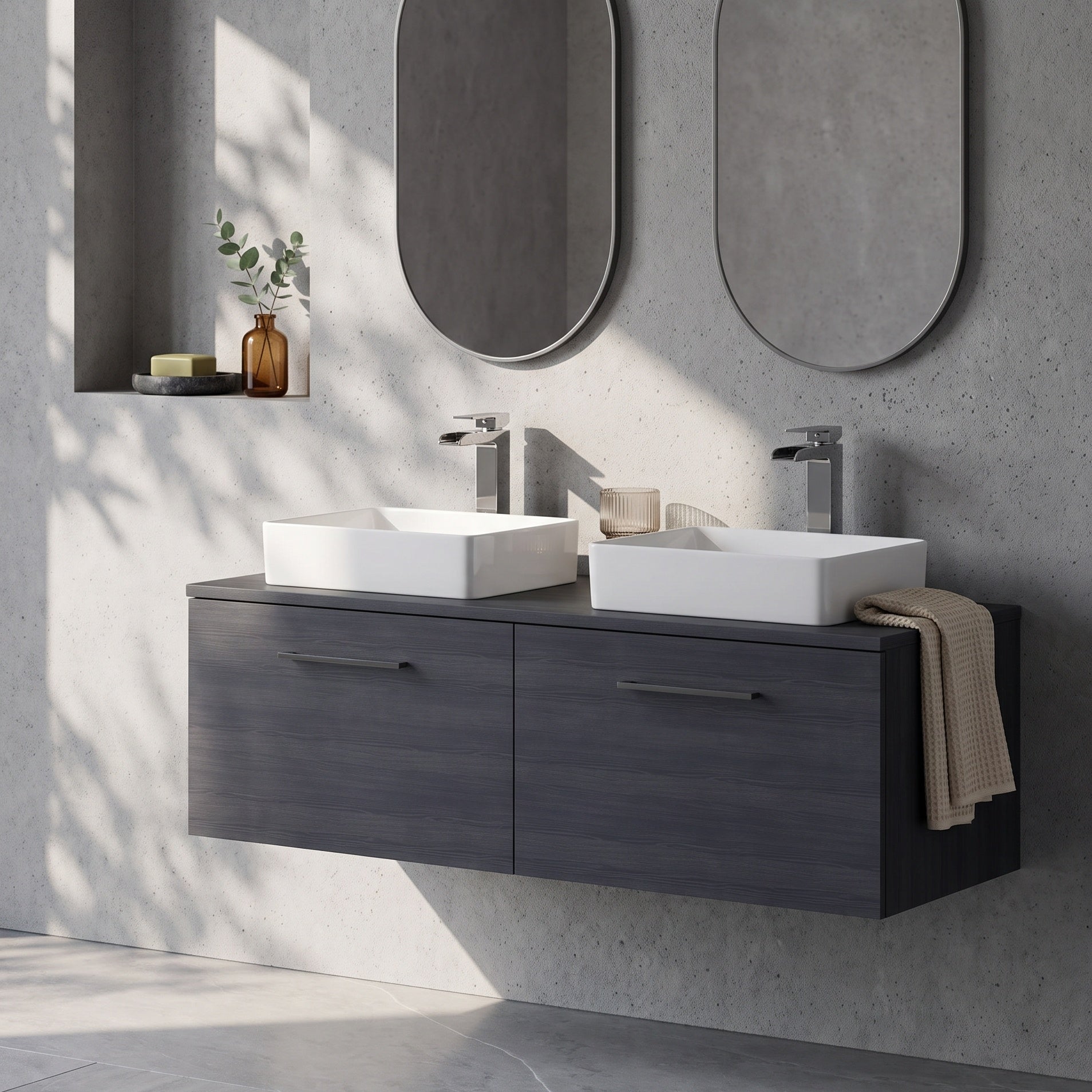 Fairford Aspri Black Woodgrain 1200mm 2 Drawer Wall Hung Vanity Unit with Worktop