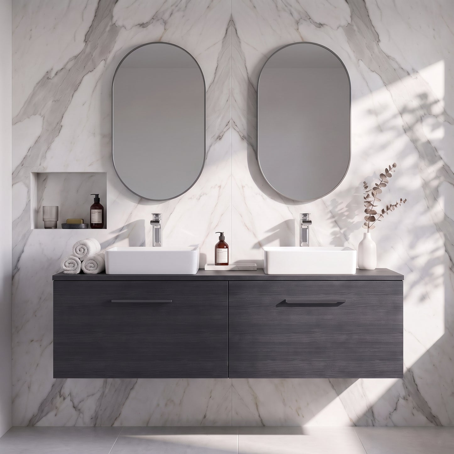 Fairford Aspri Black Woodgrain 1200mm 2 Drawer Wall Hung Vanity Unit with Worktop