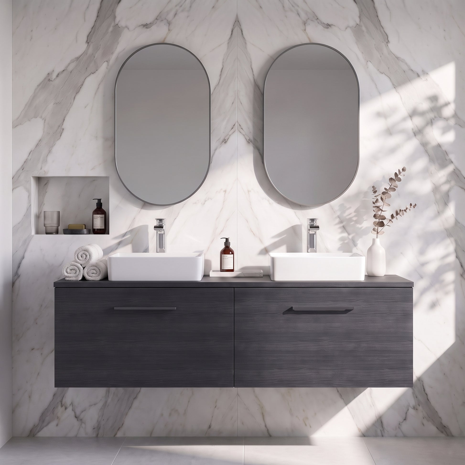 Fairford Aspri Black Woodgrain 1200mm 2 Drawer Wall Hung Vanity Unit with Worktop