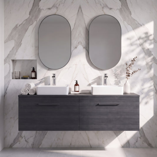 Fairford Aspri Black Woodgrain 1200mm 2 Drawer Wall Hung Vanity Unit with Worktop